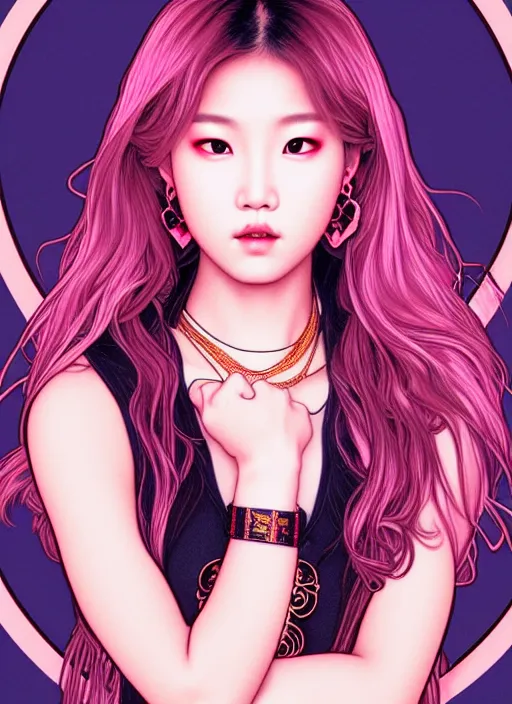 Prompt: roseanne park of blackpink, tarot card, highly detailed, digital painting, smooth, sharp focus, illustration, ultra realistic, 8 k, art by artgerm and alphonse mucha