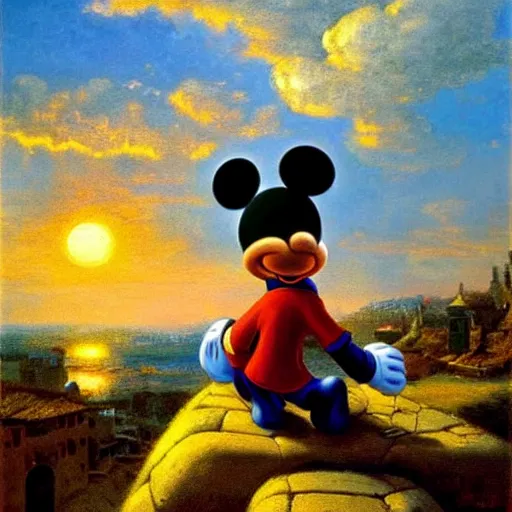 Image similar to Mickey mouse sitting on a cobblestone wall, watching the sunset, painting by Viktor Vasnetsov, highly detailed, oil on canvas, cinematic shot, dramatic lighting, award-winning