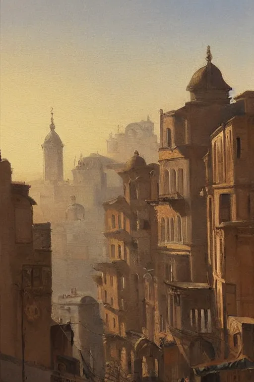 Image similar to painting of view of old European city with mix of vicotris houses and middle eastern architecture fusion, photoreal, sunlit morning smog , painting by Charles Leickert , old master painting