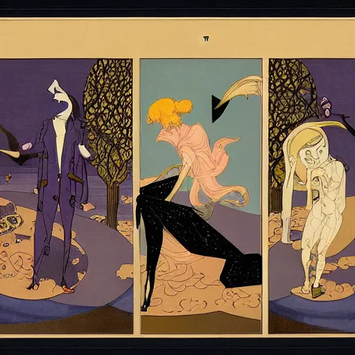 Image similar to rich by george barbier, by alex horley, by marius borgeaud kokedama. in the center of the mixed mediart is a large gateway that seems to lead into abyss of darkness. on either side of the gateway are two figures, one a demon - like creature, the other a skeletal figure.