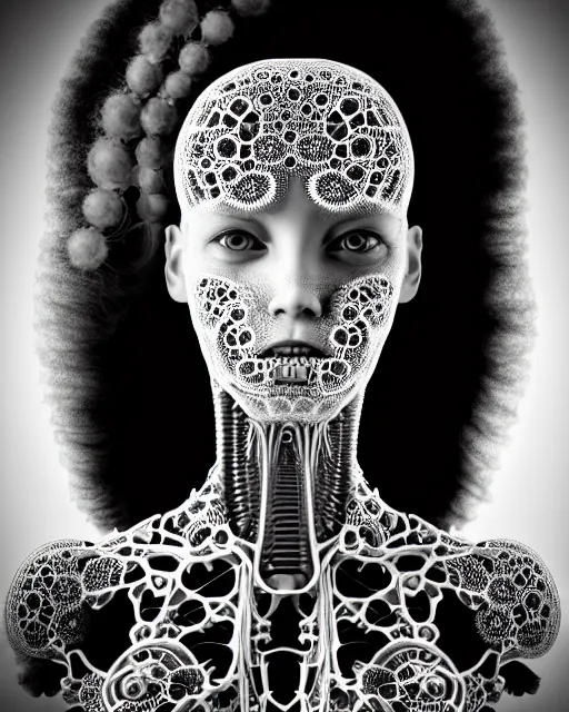 Prompt: black and white photo portrait of complex biomechanical young female cyborg with a mandelbrot fractal face, silver hair, 150 mm lens, soft rim light, fine foliage super big lace collar, Alexander McQueen, high fashion, haute couture, rococo, steampunk, silver filigree details, anatomical, facial muscles, cable wires, microchip, elegant, hyper realistic, octane render, unreal engine, H.R. Giger style, volumetric lighting, 8k,