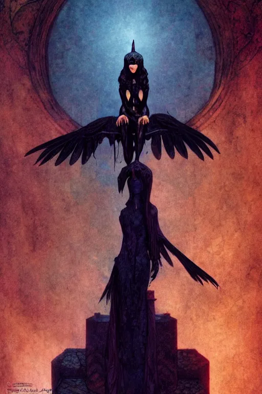 Image similar to raven perched on a statue of beautiful woman in a dark gothic room, gothic lighting, full frame, by wayne barlowe, peter mohrbacher, kelly mckernan, james o barr