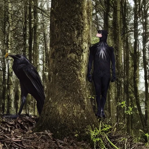 Image similar to !!! chimera consisting of male human and crow, photograph captured in a forest