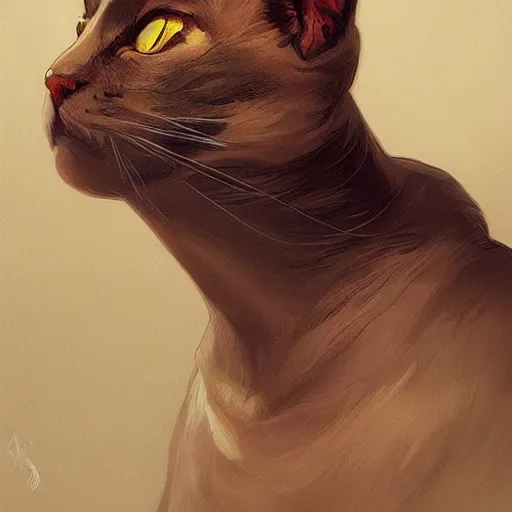 Image similar to portrait of an evil cat plotting against humanity, highly detailed, digital painting, artstation, concept art, sharp focus, illustration, art by artgerm and greg rutkowski and alphonse mucha