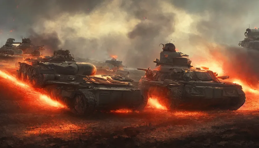 Prompt: Tanks battle in a village and a plain during World War 2 with explosions, fire and smoke columns, hyperdetailed, artstation, cgsociety, 8k