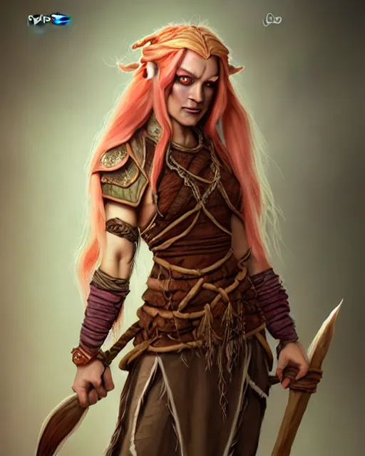 Prompt: female firbolg from dungeons and dragons with long braided peach color hair wearing an old tunic, d & d digital character illustration, artstation trending, artstation dungeons and dragons female octane render, intricate, sharp focus, illustration, highly detailed, digital painting, concept art, matte, character art by and prywinko art, studio quality, masterpiece