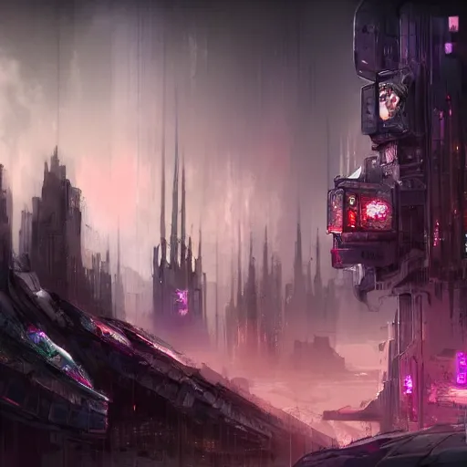 Prompt: concept art, high fantasy, cyberpunk, cityscape