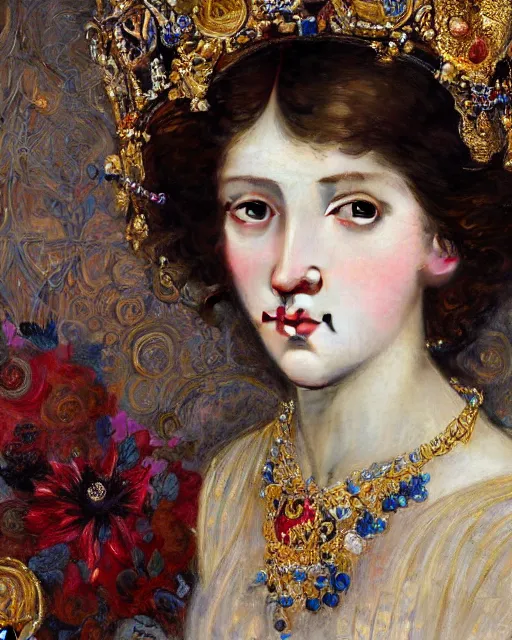 Image similar to a close up of beautiful girl wearing a crown wearing and golden jewellery surrounded by colourful intricate patterns, by edgar maxence and caravaggio and michael whelan, intricate painting, hyper realistic, extremely detailed and beautiful aesthetic face, 8 k resolution