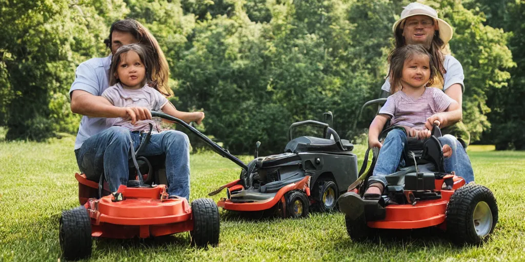 Image similar to a profile shot of a cute long haired toddler riding her tow lawn mower directly behind her father, who is sitting on a riding lawnmower, golden hour