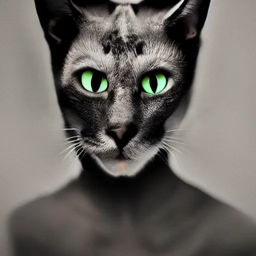 Prompt: realistic photo portrait of a cat cosplaying as a human, cat with human face, human eyes, human lips, ( ( ( ( ( cat's face ) ) ) ) )