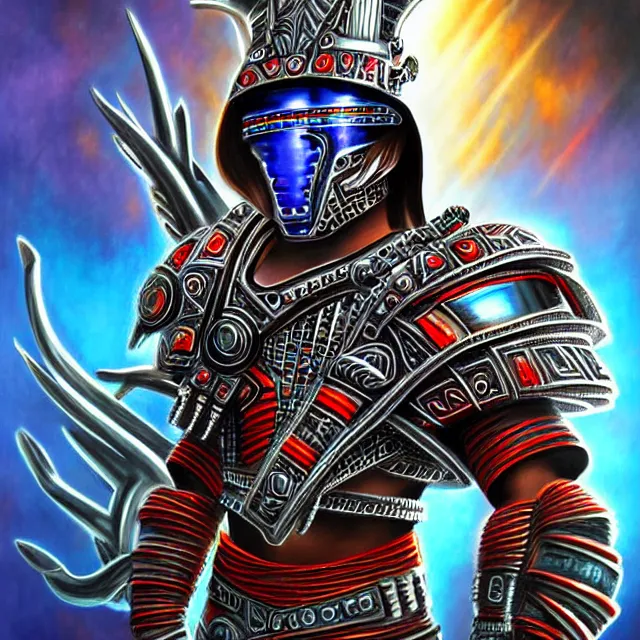 Image similar to futuristic cyber aztec warrior, highly detailed, 4 k, hdr, smooth, sharp focus, high resolution, award - winning photo, illustrated by anne stokes, photorealistic