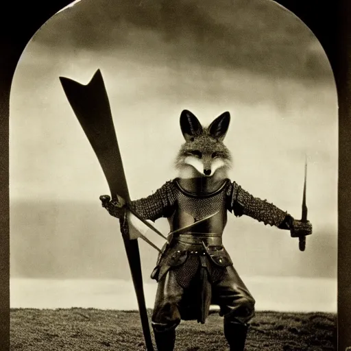 Image similar to anthropomorphic fox who is a medieval knight holding a sword towards a stormy thundercloud, 1930s film still