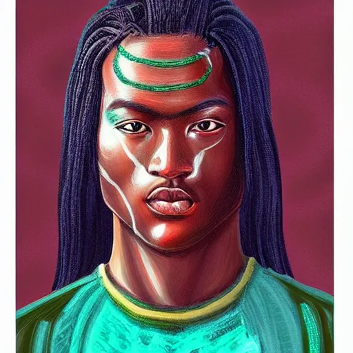 Prompt: “sango God of thunder plaited hair lightning facial details proportionate dark skinned symmetrical digital art oil painting”