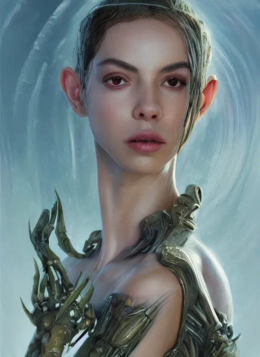 Image similar to a professional painting of a beautiful young female alien, clothed in ethereal armor, olive skin, long dark hair, beautiful bone structure, symmetrical facial features, intricate, elegant, digital painting, concept art, smooth, sharp focus, illustration, from Valerian and the City of a Thousand Planets, by Ruan Jia and Mandy Jurgens and Artgerm and William-Adolphe Bouguerea