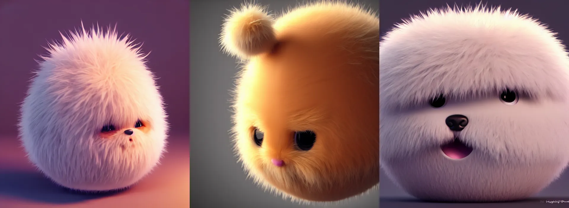 Prompt: high quality 3 d render hyperrealistic adorable cute big little spherical creatures short spiky dense fluffy smooth hair, isometric 3 d, fluffy fur, 1 5 0 mm, beautiful natural soft light, rim light, smooth background, artstation, ultra detailed, elegant, ultra detailed, octane render