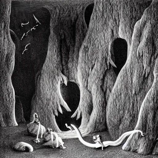 Prompt: limbo, sulfur, cavern, photorealism, 4 k, highly detailed, octane render, by maurice sendak, edward gorey, charles addams,