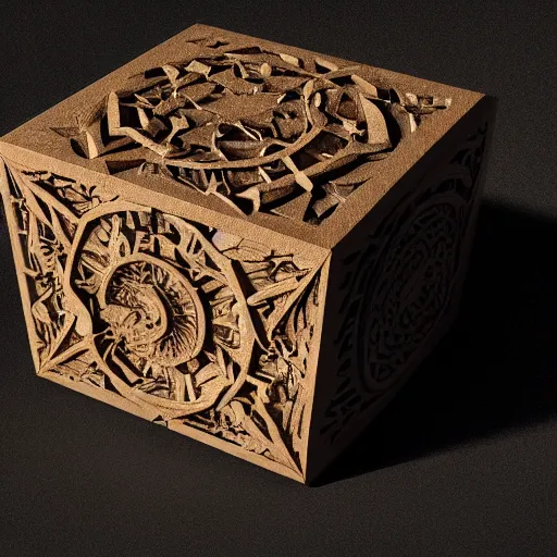 Image similar to rubic's cube made out of carved wood on a dark biome, au naturel, hyper detailed, digital art, trending in artstation, cinematic lighting, studio quality, smooth render, unreal engine 5 rendered, octane rendered, art style by klimt and nixeu and ian sprigger and wlop and krenz cushart