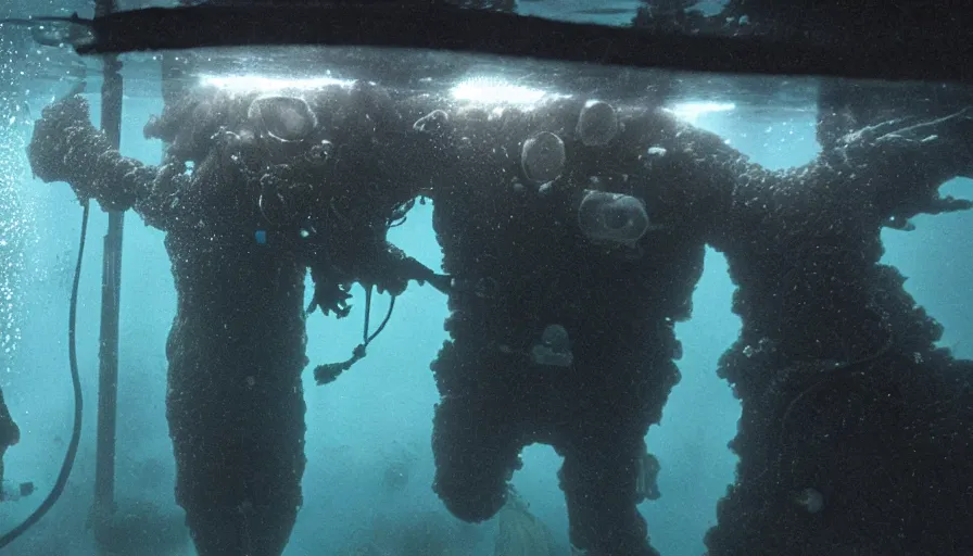 Image similar to Big budget horror movie, an underwater biolab run by cyborgs, deep in the ocean, dark and gloomy