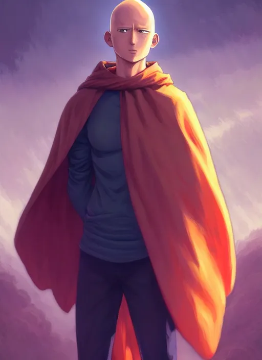 Prompt: handsome saitama, epic cape, half body shot, path traced, highly detailed, high quality, digital painting, alena aenami, lilia alvarado, shinji aramaki, karol bak, alphonse mucha, tom bagshaw