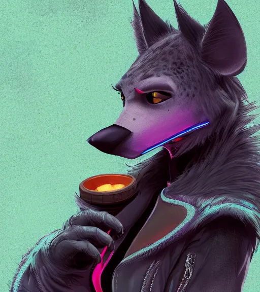 Image similar to digital painting of anthromorphic hyena female smoking cigarrete, fursona, furry fandom, furaffinity, neon rainy cyberpunk setting, anthro, wearing cyberpunk leather jacket, detailed face, blade runner, zootopia style,