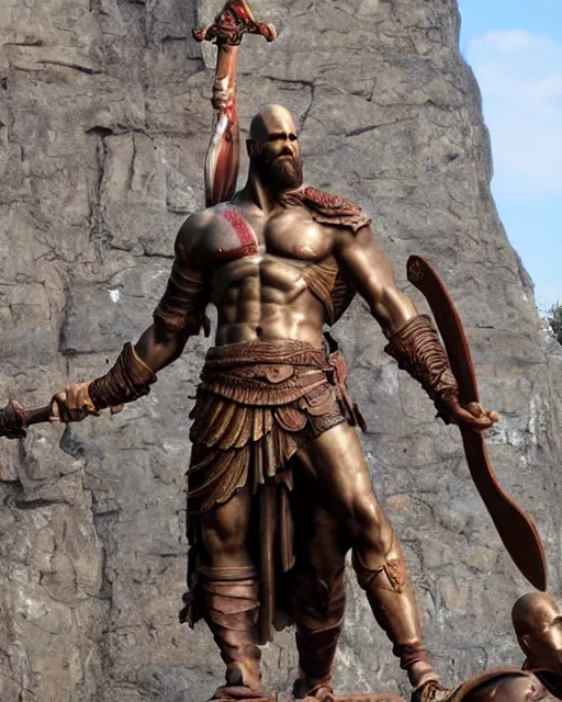 Prompt: a gigantic 1 0 0 0 foot bronze statue of a kratos holding his spear and shield, god of war, fantasy landscape, thousands of tiny onlookers, photorealistic, atmospheric