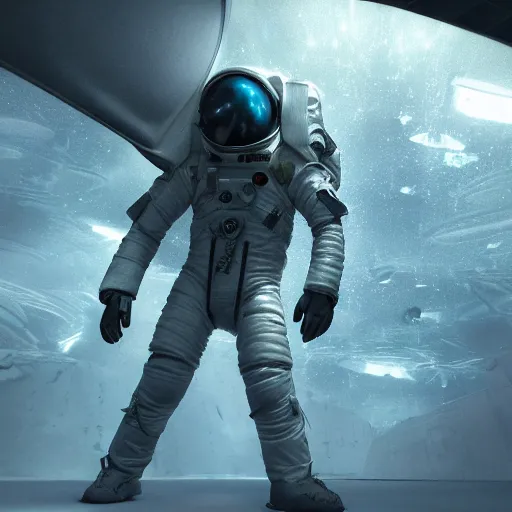 Image similar to concept art by craig mullins astronaut in futuristic dark and empty spaceship underwater. infrared complex and hyperdetailed technical suit. mandelbulb fractal. reflection and dispersion materials. rays and dispersion of light. volumetric light. 5 0 mm, f / 3 2. noise film photo. flash photography. unreal engine 4, octane render. interstellar movie art