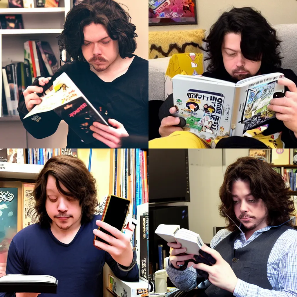 Prompt: Arin Hanson from Game Grumps caught reading manga on his smartphone
