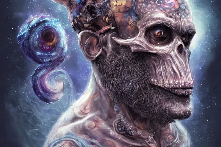 Image similar to a wlop 3 d render of very very very very highly detailed beautiful mystic portrait of a phantom undead mage ape with whirling galaxy around, tattoos by anton pieck, intricate, extremely detailed, digital painting, artstation, concept art, smooth, sharp focus, illustration, intimidating lighting, incredible art,