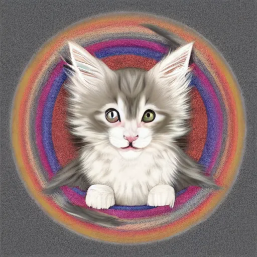 Prompt: a playful cream colored maine coon kitten is alone in a dark and dusty parlor. it plays with cat toys on a colorful round throw rug. 8 k, 4 k, digital art, artstation