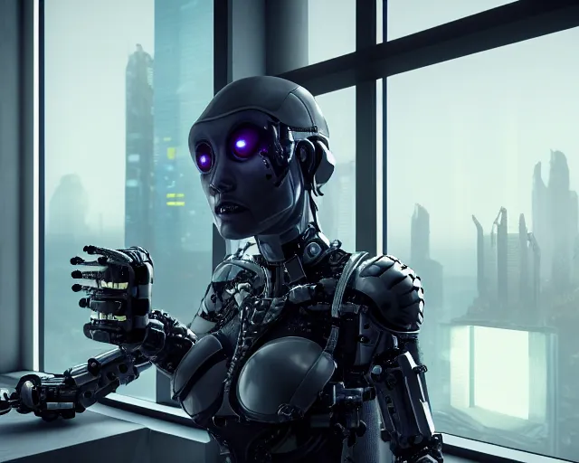 Image similar to portrait of an armored female with biomechanical cybernetic body who is drinking coffee near a window looking outside with dystopian city visible outside. very detailed 8 k. cyberpunk fantasy style. unreal engine render. global illumination. nanite. rtx. path tracing.