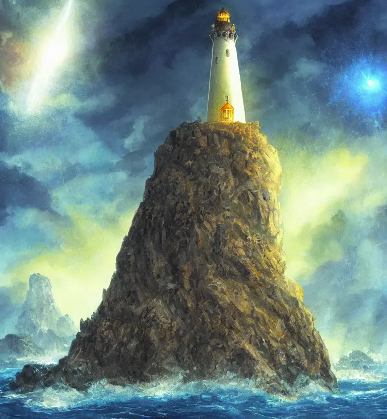 Image similar to medieval fantasy artwork. cliff with an ancient lighthouse on top. the lighthouse is enveloped by a column of blue swirling light. the sea at the bottom of the cliff ( rough sea ).