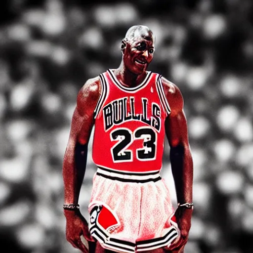 Image similar to Michael Jordan holds a mic at Jordan, highly detailed, photo realistic