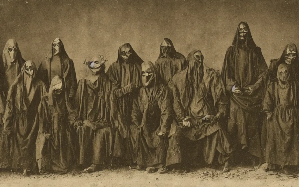 Prompt: 19th century photo of a cult dark old cultists wearing masks with ugly monster by Louis Daguerre