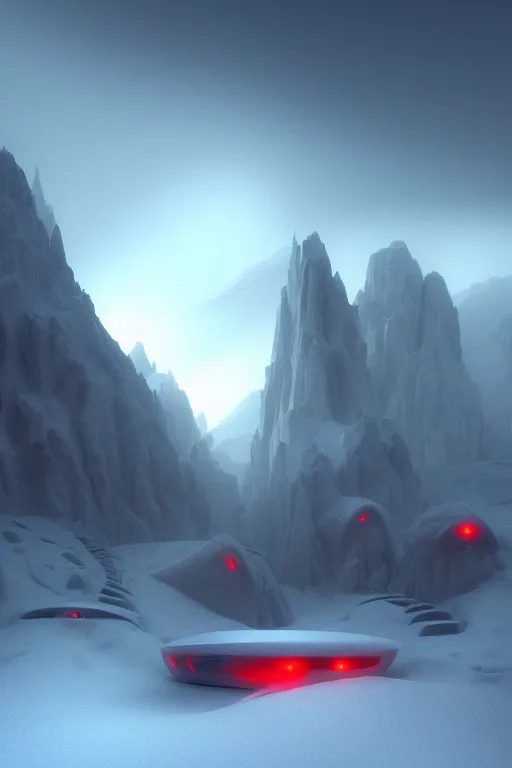 Image similar to futuristic atmosphere in the snowy mountains dolomites 3 d concept art, cinematic lighting, rule of thirds, depth of field, intricate details, building by zaha hadid, stormy weather, emissary space by arthur haas and bruce pennington and john schoenherr, cinematic matte painting, red glowing eyes, dark moody colors, trending on artstation, featured on behance