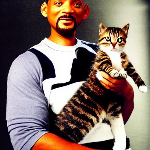 Image similar to will smith posing for a camera, holding up a kitten during an photoshoot for his early 2 0 0 0's techno album, cool coloring reminiscent of the 2 0 0 0's, album cover, y 2 k aesthetic,