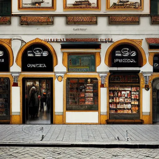 Prompt: a convenience store of portugal lisbon on the street art by Greg Rutkowski, highly logical and striking detailed architecture by alphonse mucha, symmetry by West Anderson