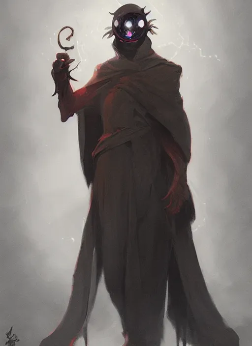 Image similar to concept art of a character with a black robe, glowing eye, digital art, trending on artstation, peter mohrbacher and greg rutkowski