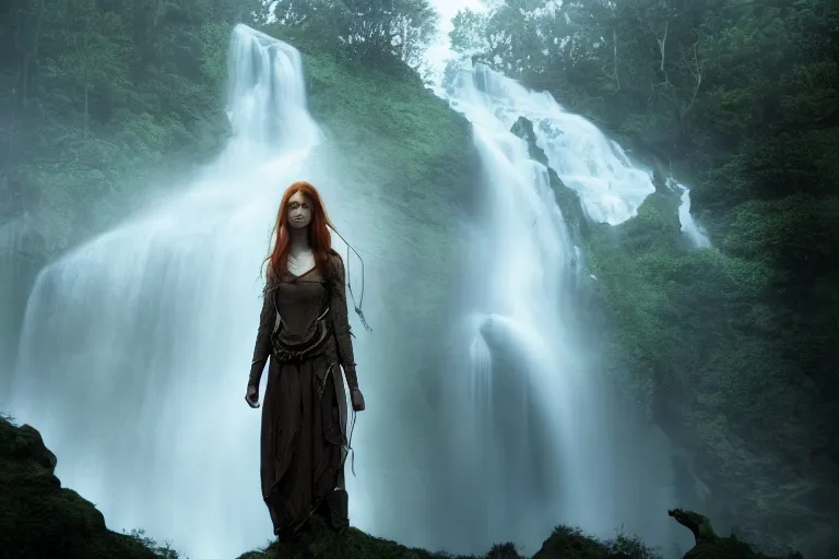 Image similar to an ultra realistic, cinematic, fantasy, headshot portrait, of an elden ring elf, fairy lights, facial features, background of a vast serene landscape, with trees and waterfalls, detailed, deep focus, movie still, dramatic lighting, ray tracing, by michal karcz and yoshitaka amano