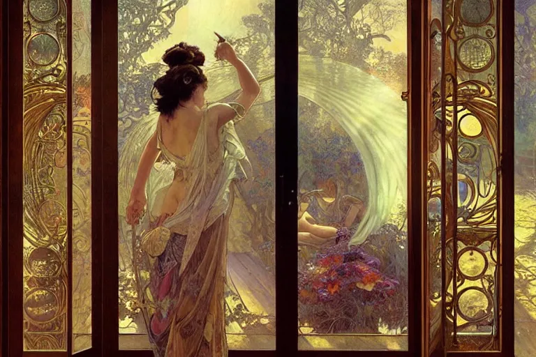 Prompt: large rustic intricately decorated wooden double door, metal handles, a view to a fantasy world, hand down, ethereal back light, mist, coherent composition, fantasy painting by noriyoshi ohrai, alphonse mucha