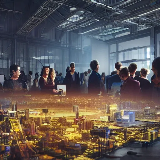 Prompt: large group people in a warehouse, looking at small hologram of futuristic city on a table, cinematic concept art, godrays, golden hour, natural sunlight, 4 k, clear details, tabletop model buildings, tabletop model, hologram center, crane shot