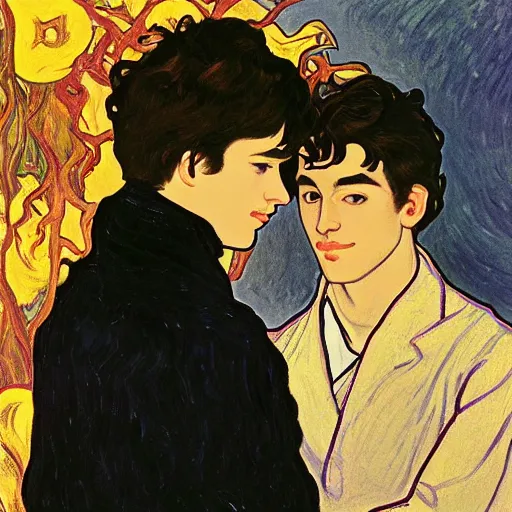 Image similar to painting of young cute handsome beautiful dark medium wavy hair man in his 2 0 s named shadow taehyung and cute handsome beautiful min - jun together at the halloween party, bubbling cauldron, candles, smoke, tarot, autumn colors, elegant, stylized, soft facial features, delicate facial features, art by alphonse mucha, vincent van gogh, egon schiele