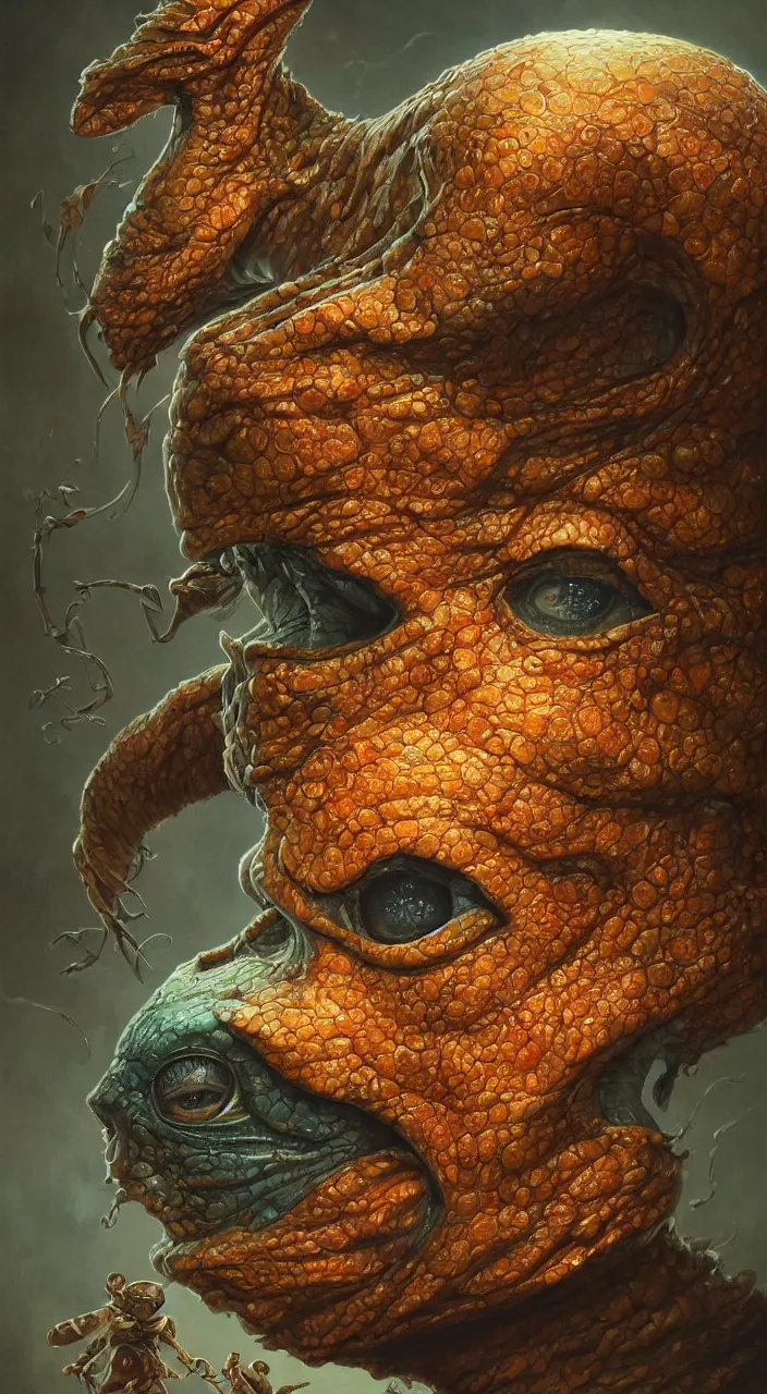 Image similar to aquatic mf doom reptile eyes, orange skin. intricate, elegant, highly detailed, centered, digital painting, artstation, concept art, smooth, sharp focus, illustration, artgerm, tomasz alen kopera, peter mohrbacher, donato giancola, joseph christian leyendecker, wlop, frank frazetta