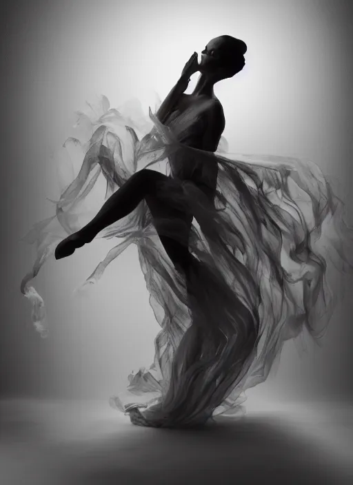 Image similar to a Photorealistic dramatic hyperrealistic render of a glamorous beautiful Female smoke dancer by Ken Brower and Deborah Ory of NYC Dance project,Lois Greenfield,Flowing cloth and smoke,Beautiful dynamic dramatic dark moody lighting,volumetric,shadows,cinematic atmosphere,Octane render,8K