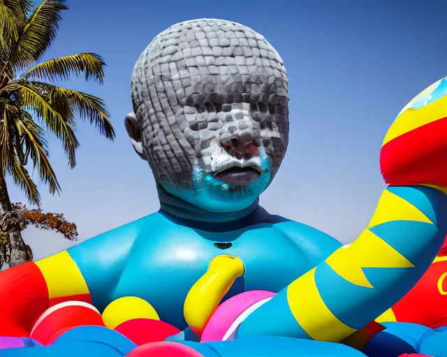 Image similar to a giant sculpture made out of of inflatable pool toys in a human head shape, on the surface of the ocean, in the style of chad knight, long shot, hyper detailed, hyper realistic, ray tracing, 8 k resolution, sharp focus, realistic water, award winning sculpture