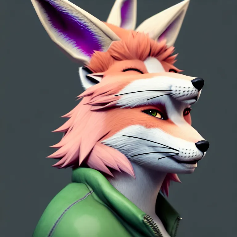 Image similar to a beautiful headshot portrait of a cute anime male fox with pink hair and piercings and green eyes. character design by cory loftis, fenghua zhong, ryohei hase, ismail inceoglu and ruan jia. artstation, volumetric light, detailed, photorealistic, fantasy, rendered in octane