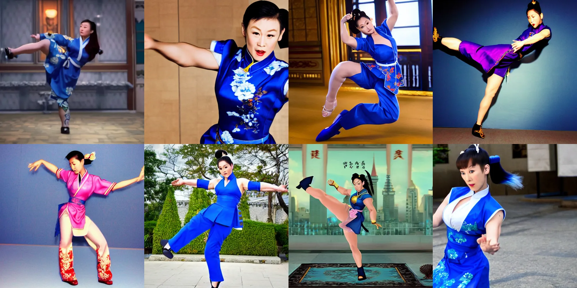 Prompt: chun - li, in a blue qipao, standing, doing a high kick