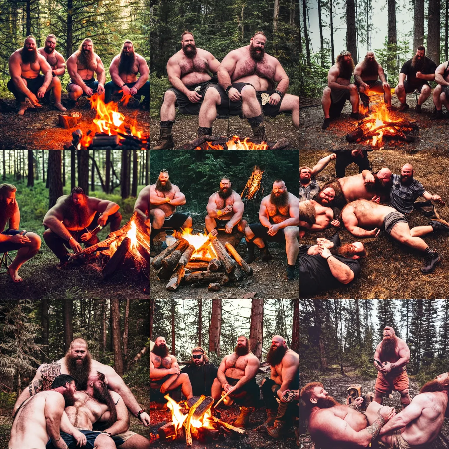 Prompt: band of big burly hairy manly viking strongmen spooning around a campfire, wholesome, warm, dad energy, safe, love, affection, photography