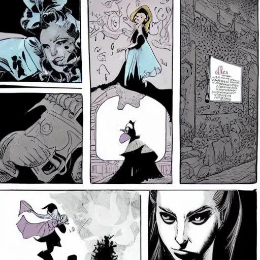 Prompt: in the style of Rafael Albuquerque comic art, Natalie Portman as Alice going to Wonderland.