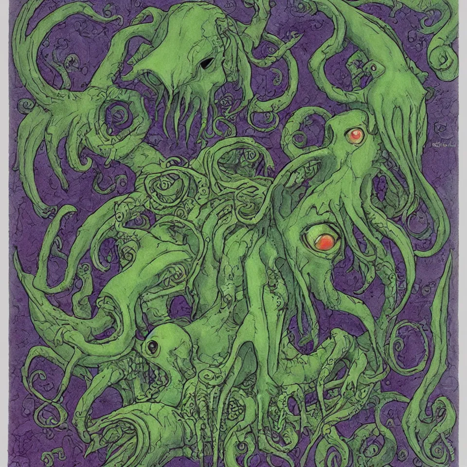 Image similar to art by roger dean. cute cthulhu icon avatar with a million eyes