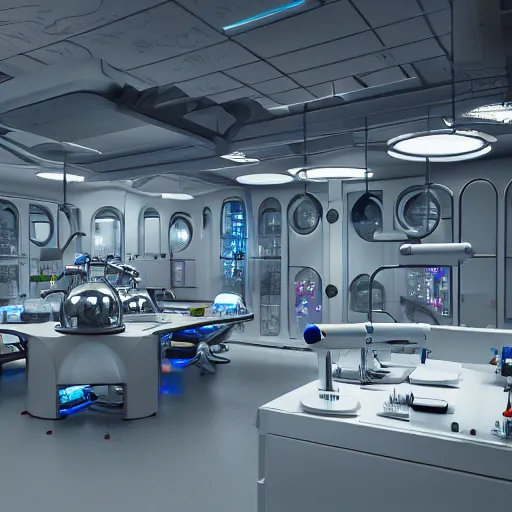 Prompt: futuristic science laboratory filled with robots, photorealistic, ultra - detailed, 4 k high resolution, hdr shot, unreal engine rendering